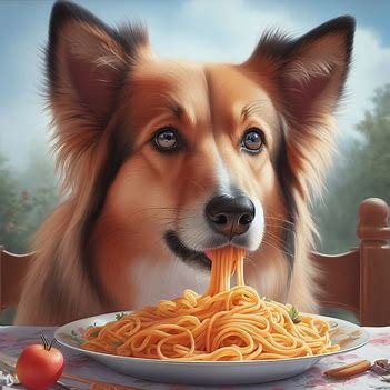 dog eating Pasta