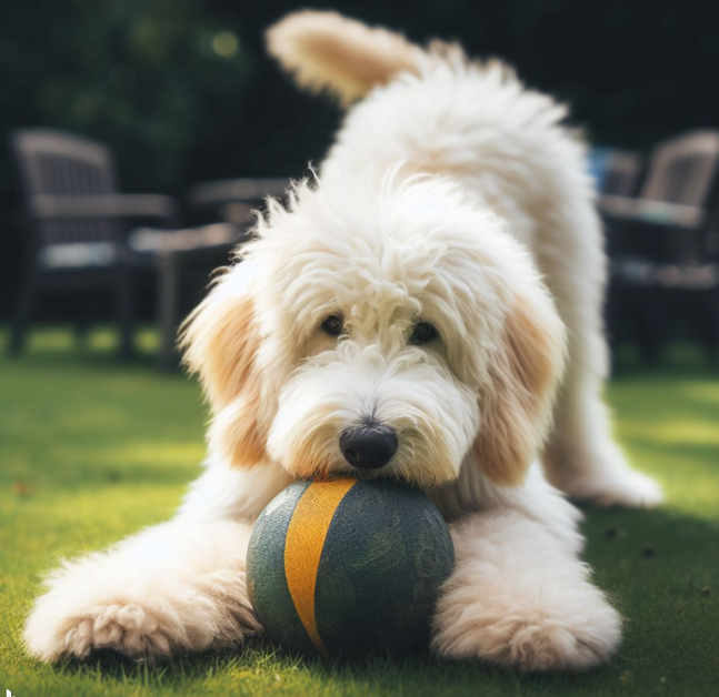 Pyredoodle dog playing with ball