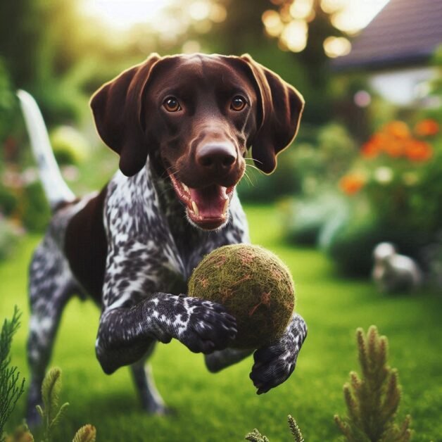 German Shorthaired Pointer dog breed playing with ball