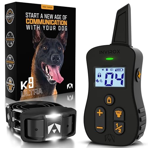 INVIROX Shock Collar for Dogs [Ultra K9] 124 Training Levels, 4 Powerful Modes with Night-Light and ¾ Mile Range 100% Safe Dog Training Collars for Large Dogs IP67 Waterproof E Collar