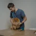 Boxer dog with a swollen hind leg, owner gently examining the area, soft kitchen lighting, calm home setting, photorealistic