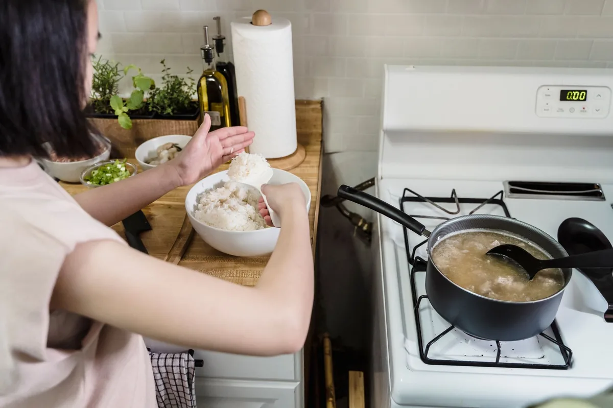 A clean kitchen counter with a bowl of boiled chicken and rice, a small dish of fish oil, and a glass of water, bright natural light highlighting the wholesome meal