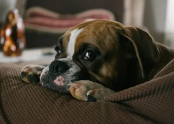 Boxer dog lying on a couch, looking tired with a slight wheeze visible in the background