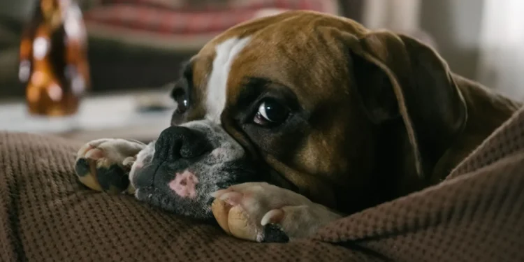 Boxer dog lying on a couch, looking tired with a slight wheeze visible in the background