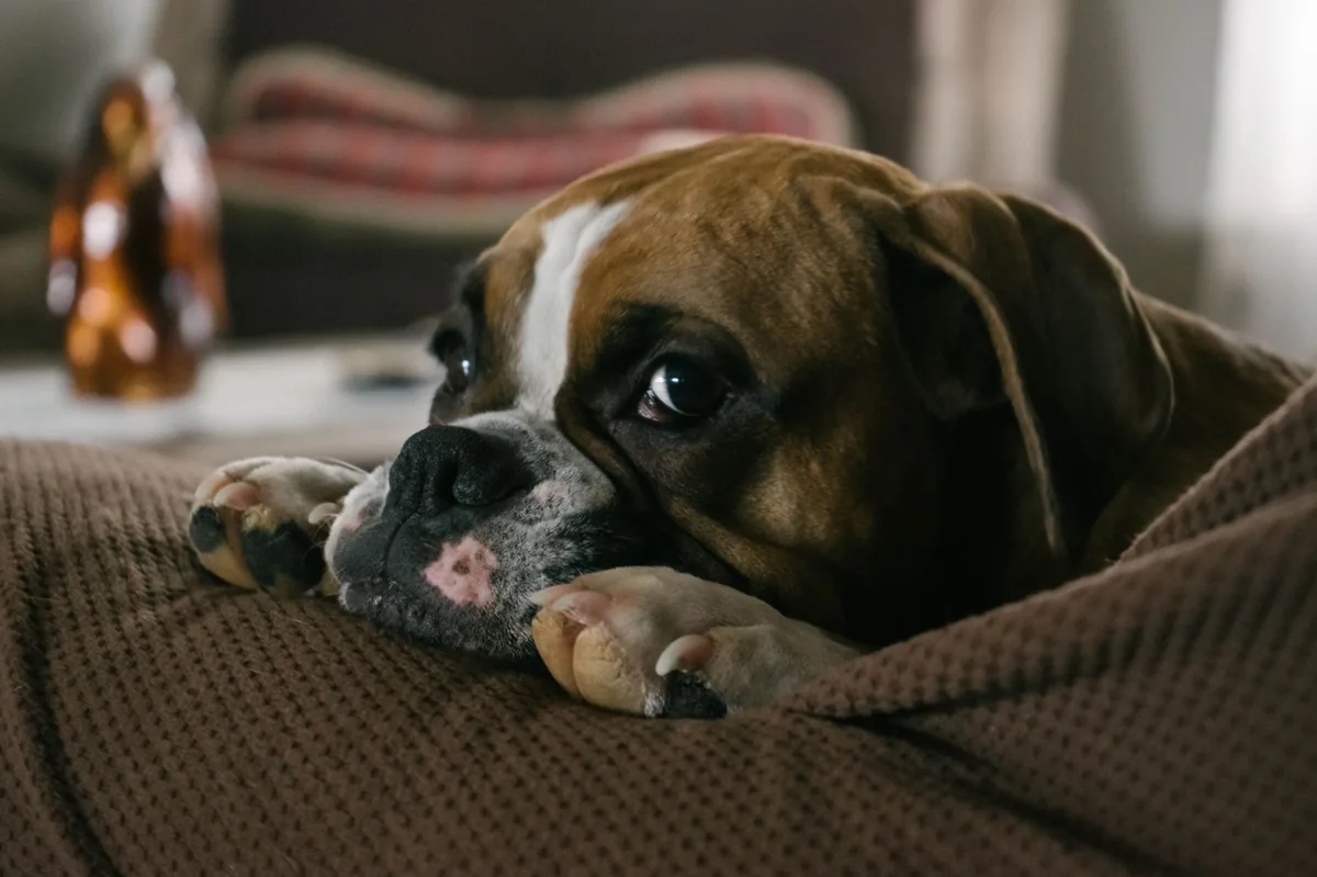 Boxer dog lying on a couch, looking tired with a slight wheeze visible in the background