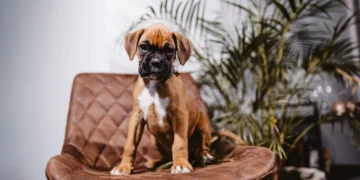 Puppy Boxer with a small bleeding wound on a paw, looking curious but not in distress