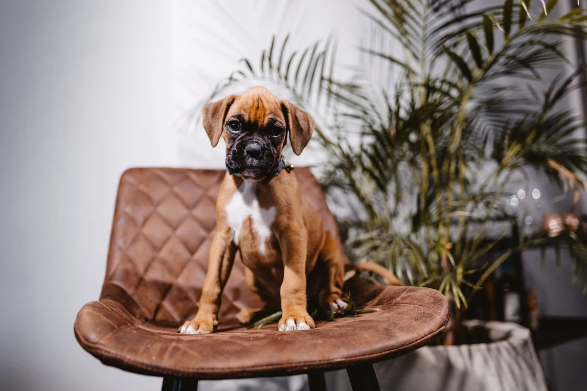 Puppy Boxer with a small bleeding wound on a paw, looking curious but not in distress