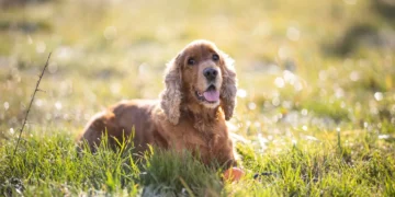 Senior Cocker Spaniel with dry eye, looking at owner with a slight squint and cloudy cornea