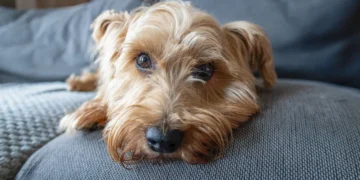 Senior Goldendoodle resting on a couch, looking slightly lethargic with a concerned owner checking her pulse
