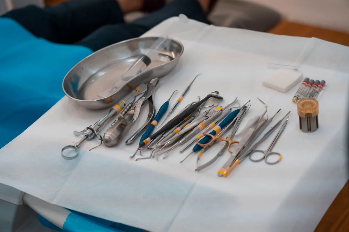 Veterinarian performing a dental cleaning on a dog, using a small mirror and ultrasonic scaler